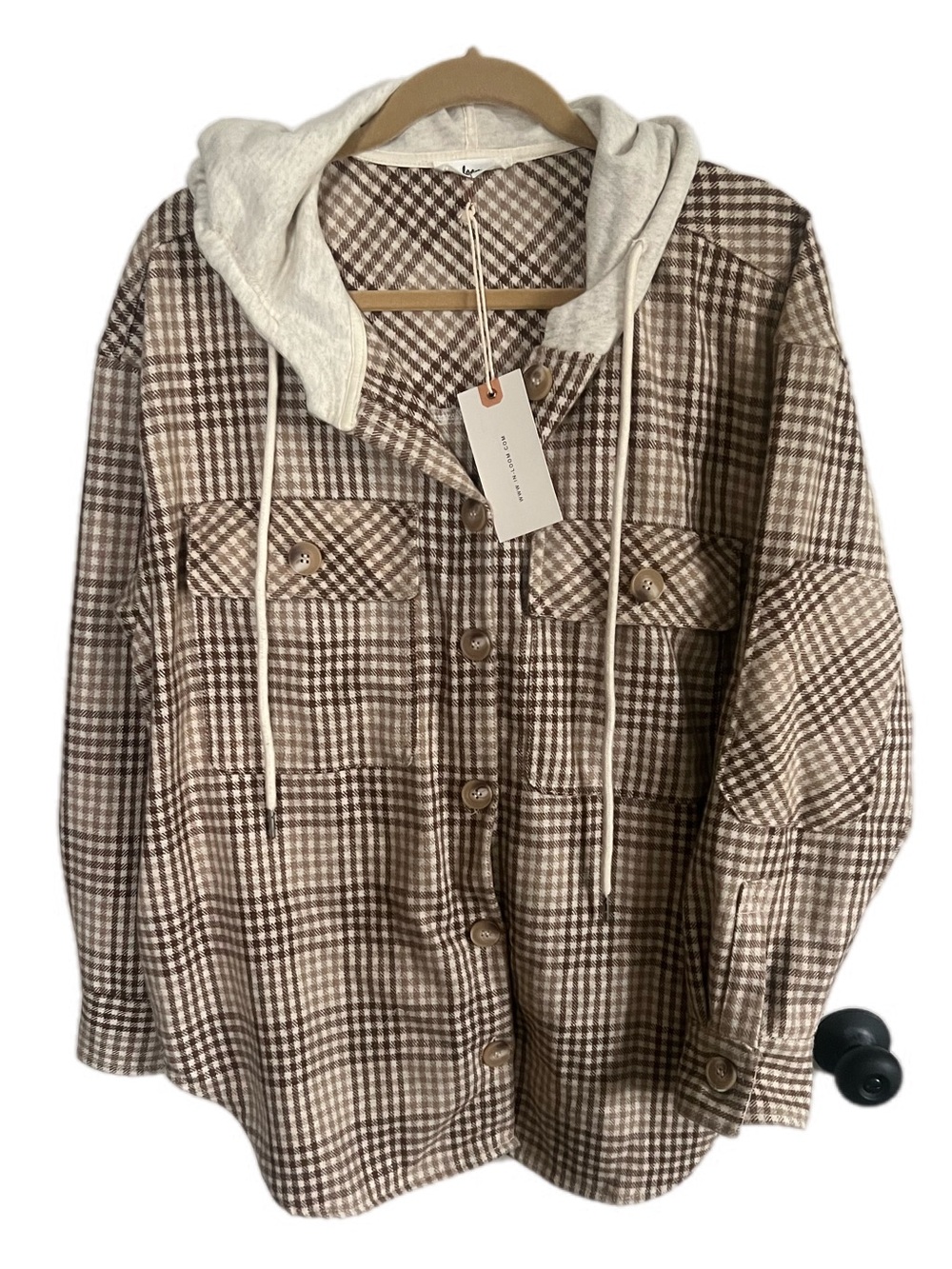 Mod Boutique In Loom Brown and Cream Plaid Button-Down Hooded Shacket Jacket